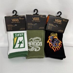 Vans Three-Pack Crew Socks - White, Olive, Black with Orange Accent